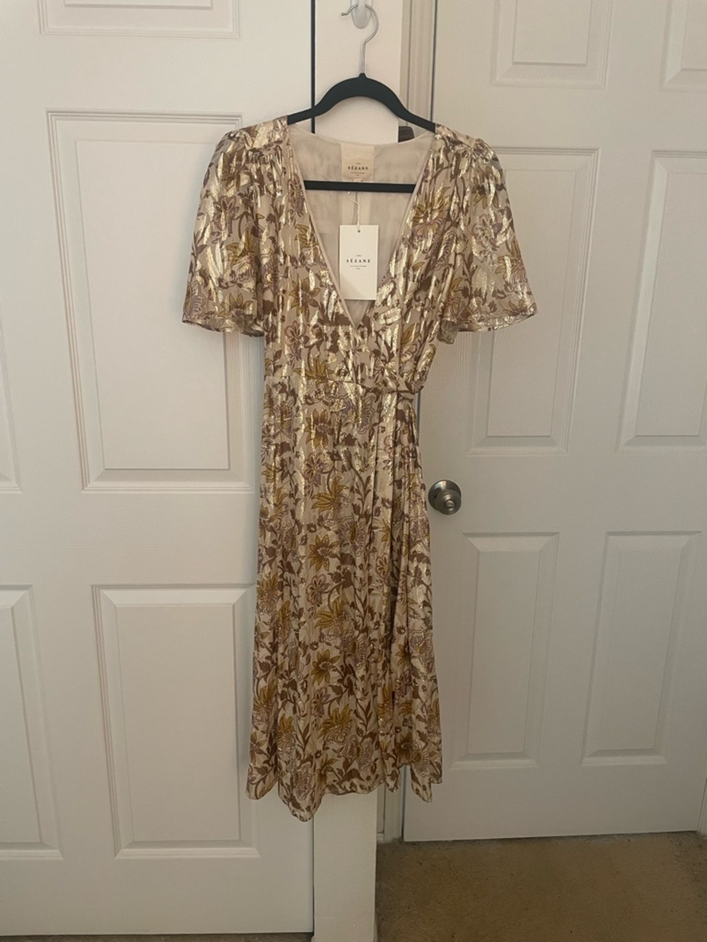 Sezane Metallic Gold Floral Wrap Midi Dress